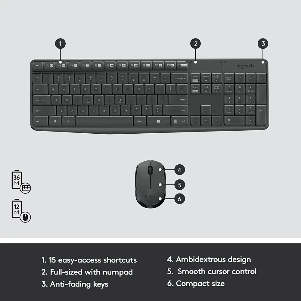 Logitech MK235 2.4 GHz Wireless Keyboard and Mouse Combo 15 FN Keys (920-007897)